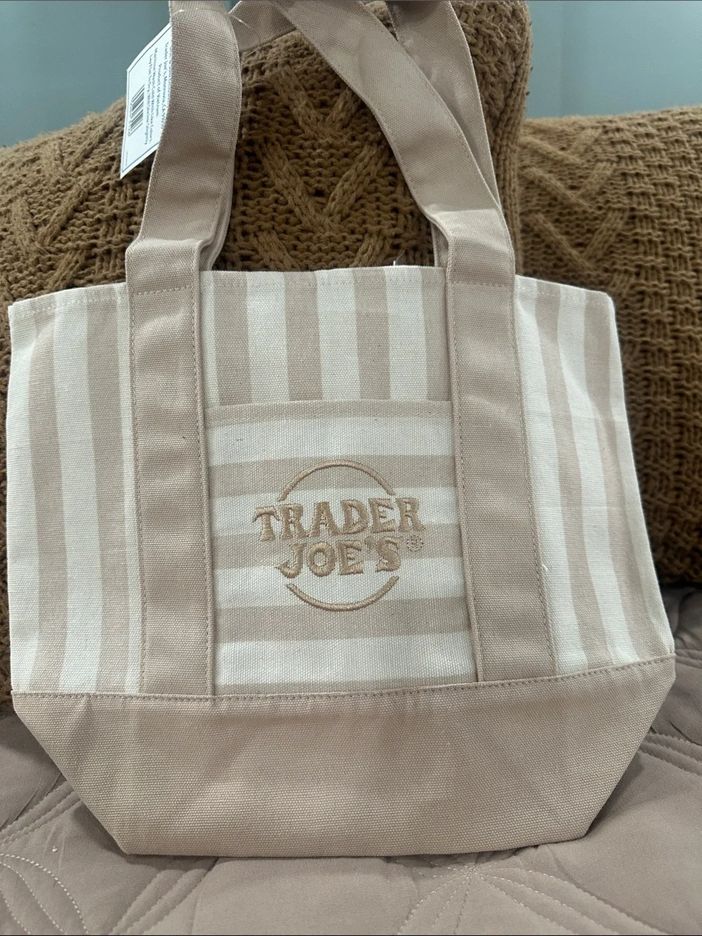 Trader Joe's Beige Striped Mini Canvas Tote Bag